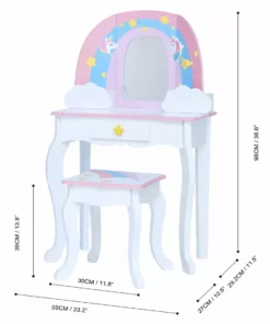 TeamsonUS Fantasy Fields Little Dreamer Rainbow Unicorn Vanity Table Set With Mirror And Stool, White Kids