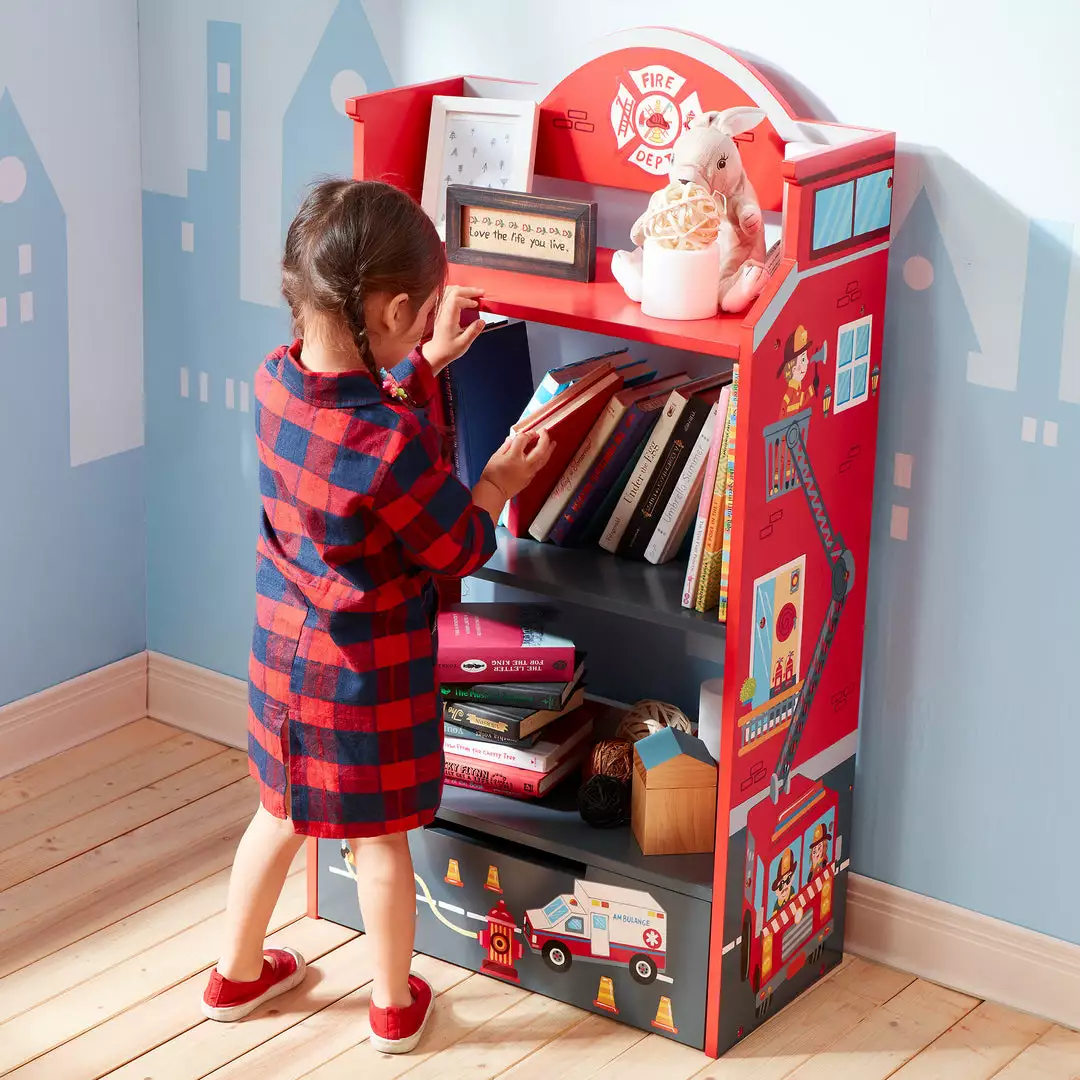 TeamsonUS Fantasy Fields Little Fire Fighters Bookshelf With Drawer, Red 4 TeamsonUS Fantasy Fields Little Fire Fighters Bookshelf With Drawer, Red