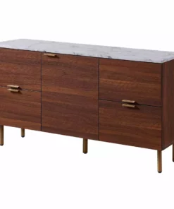 TeamsonUS Teamson Home Ashton Rectangular Wood Sideboard With Marble-Look Top And Metal Legs, Marble/Walnut