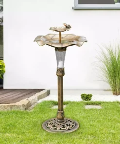 TeamsonUS Teamson Home Outdoor 2-Tier Polyresin Lotus Pedestal Birdbath With LED Light, Bronze