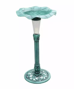 TeamsonUS Teamson Home Decorative Polyresin Lotus Leaf Pedestal Birdbath With LED Light, Green