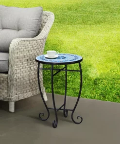 TeamsonUS Teamson Home Small 14" Round Outdoor Mosaic Side Table Planter Stand, Blue 13 TeamsonUS Teamson Home Small 14