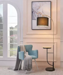 TeamsonUS Teamson Home Danna 65" Modern Metal Arc Floor Lamp With Marble Base, Built-In Table, And USB Port, Black