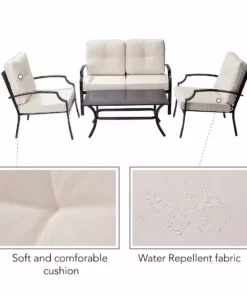 TeamsonUS Teamson Home Outdoor 4-Piece Metal Patio Set With Loveseat, Two Chairs & Table, Black/Beige