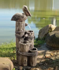 TeamsonUS Teamson Home Outdoor Tiered Pelican And Wooden Post Waterfall Fountain, Brown