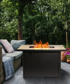 TeamsonUS Teamson Home 42" Outdoor Rectangular Propane Gas Fire Pit With Steel Base, Black/Stone