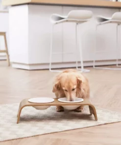 TeamsonUS Teamson Pets Billie Small Elevated Ash Wood Pet Feeder With Ceramic Bowls, Brown