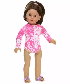 TeamsonUS Kids Sophia's Hawaiian Print Long Sleeve Rash Guard Swimsuit For 18" Dolls, Hot Pink