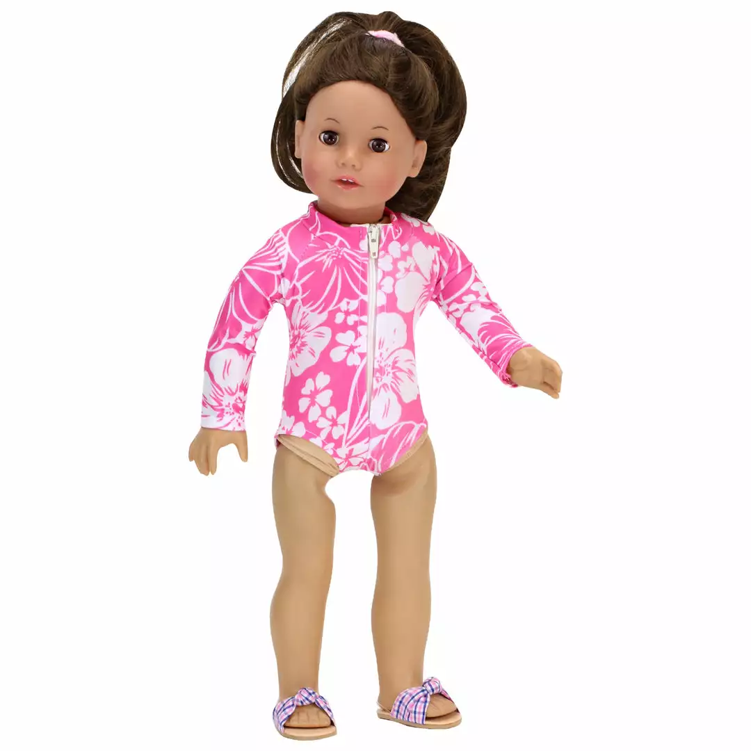 TeamsonUS Kids Sophia's Hawaiian Print Long Sleeve Rash Guard Swimsuit For 18" Dolls, Hot Pink 3 TeamsonUS Kids Sophia's Hawaiian Print Long Sleeve Rash Guard Swimsuit For 18" Dolls, Hot Pink
