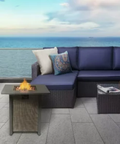 TeamsonUS Teamson Home Outdoor 28" Propane Gas Fire Pit Table With Lid And Texteline Base, Beige