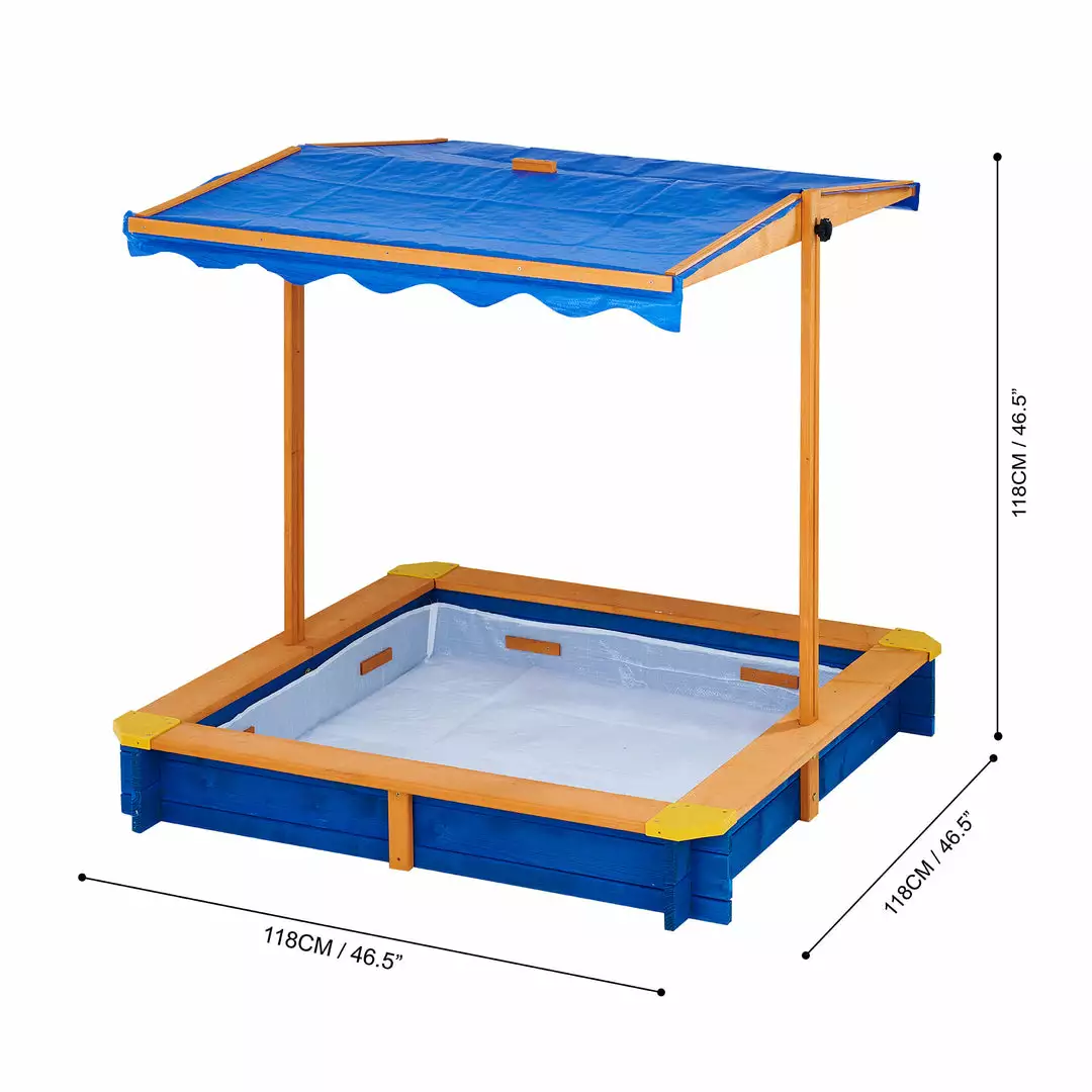 TeamsonUS Teamson Kids 4' Square Solid Wood Sandbox With Rotatable Canopy Cover, Honey/Blue 6 TeamsonUS Teamson Kids 4' Square Solid Wood Sandbox With Rotatable Canopy Cover, Honey/Blue