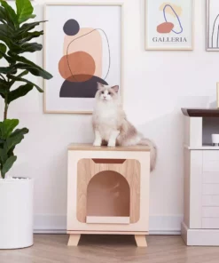 TeamsonUS Teamson Pets Daisy Elevated Vented Wooden Cat Litter Box Enclosure Side Table, Tan