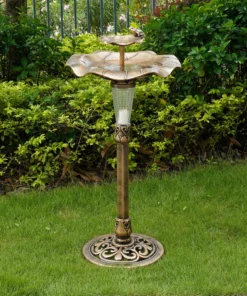 TeamsonUS Teamson Home Outdoor 2-Tier Polyresin Lotus Pedestal Birdbath With LED Light, Bronze