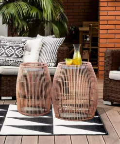 TeamsonUS Teamson Home Large Round Outdoor Patio Bamboo Side Table With Iron Top, Brown