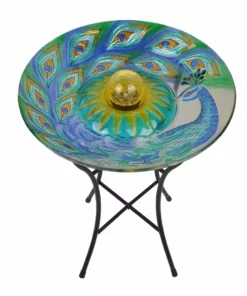 TeamsonUS Teamson Home 18 Inch Solar Glass Birdbath - Peacock