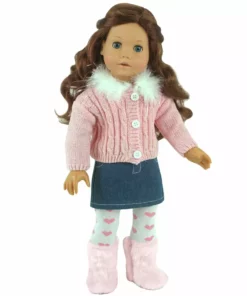 TeamsonUS Sophia's 3 Piece Feather Trim Sweater Outfit Set For 18'' Dolls, Pink