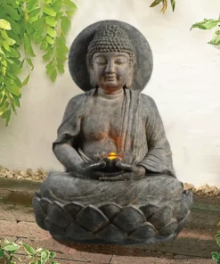 TeamsonUS Teamson Home Buddha Outdoor Waterfall Fountain With LED Lights, Gray