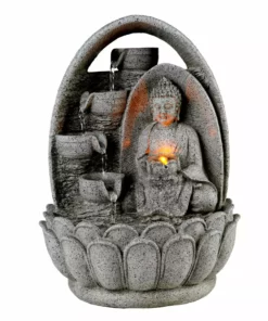 TeamsonUS Teamson Home 4-Tiered Buddha Tabletop Waterfall Fountain With LED Lights, Gray