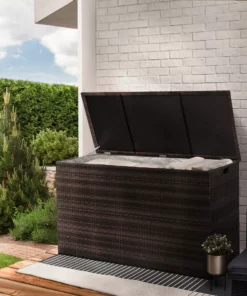 TeamsonUS Teamson Home Outdoor Rattan Wicker 154 Gallon Patio Storage Box With Lining, Brown New