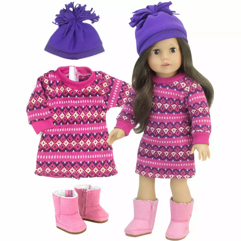 TeamsonUS Sophia's - 18" Doll - Pink Fair Isle Dress, Purple Hat 5 TeamsonUS Sophia's - 18" Doll - Pink Fair Isle Dress, Purple Hat