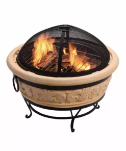 TeamsonUS Teamson Home 27" Outdoor Round Wood Burning Fire Pit With Faux Concrete And Steel Base, Stone/Black
