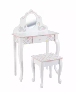 TeamsonUS Fantasy Fields Swan Lake Kids Vanity Table Set With Stool, White/Gray