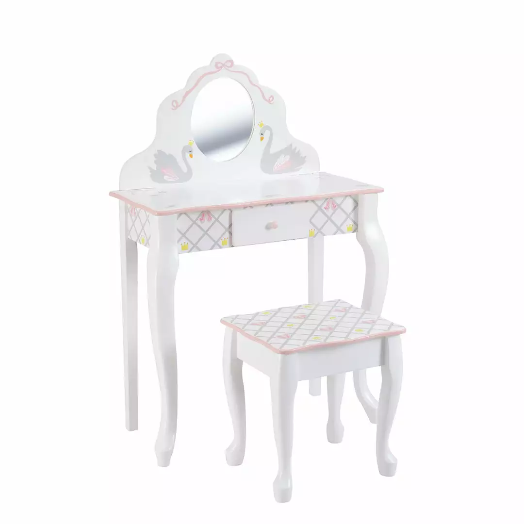 TeamsonUS Fantasy Fields Swan Lake Kids Vanity Table Set With Stool, White/Gray 4 TeamsonUS Fantasy Fields Swan Lake Kids Vanity Table Set With Stool, White/Gray