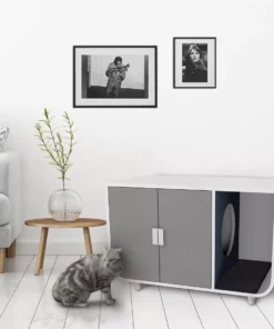 TeamsonUS Teamson Pets Large Dyad Wooden Cat Litter Box Enclosure And Side Table, Alpine White/Gray