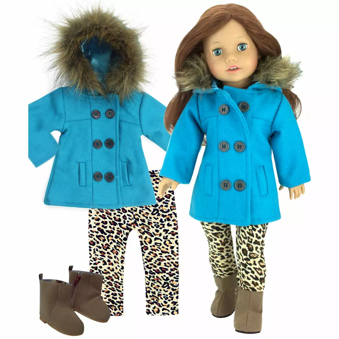 TeamsonUS Sophia's 3 Piece Winter Set Includes Fur Trimmed Pea Coat, Animal Print Leggings And Boots For 18" Dolls, Turquoise/Brown 4 TeamsonUS Sophia's 3 Piece Winter Set Includes Fur Trimmed Pea Coat, Animal Print Leggings And Boots For 18" Dolls, Turquoise/Brown