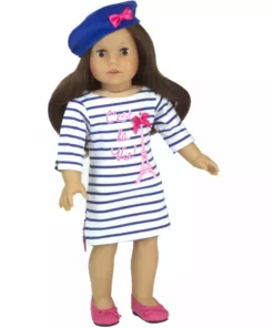 TeamsonUS Kids Sophia's - 18" Doll - Stripe Eiffel Tower Dress & Velour Beret Hat - Royal Blue