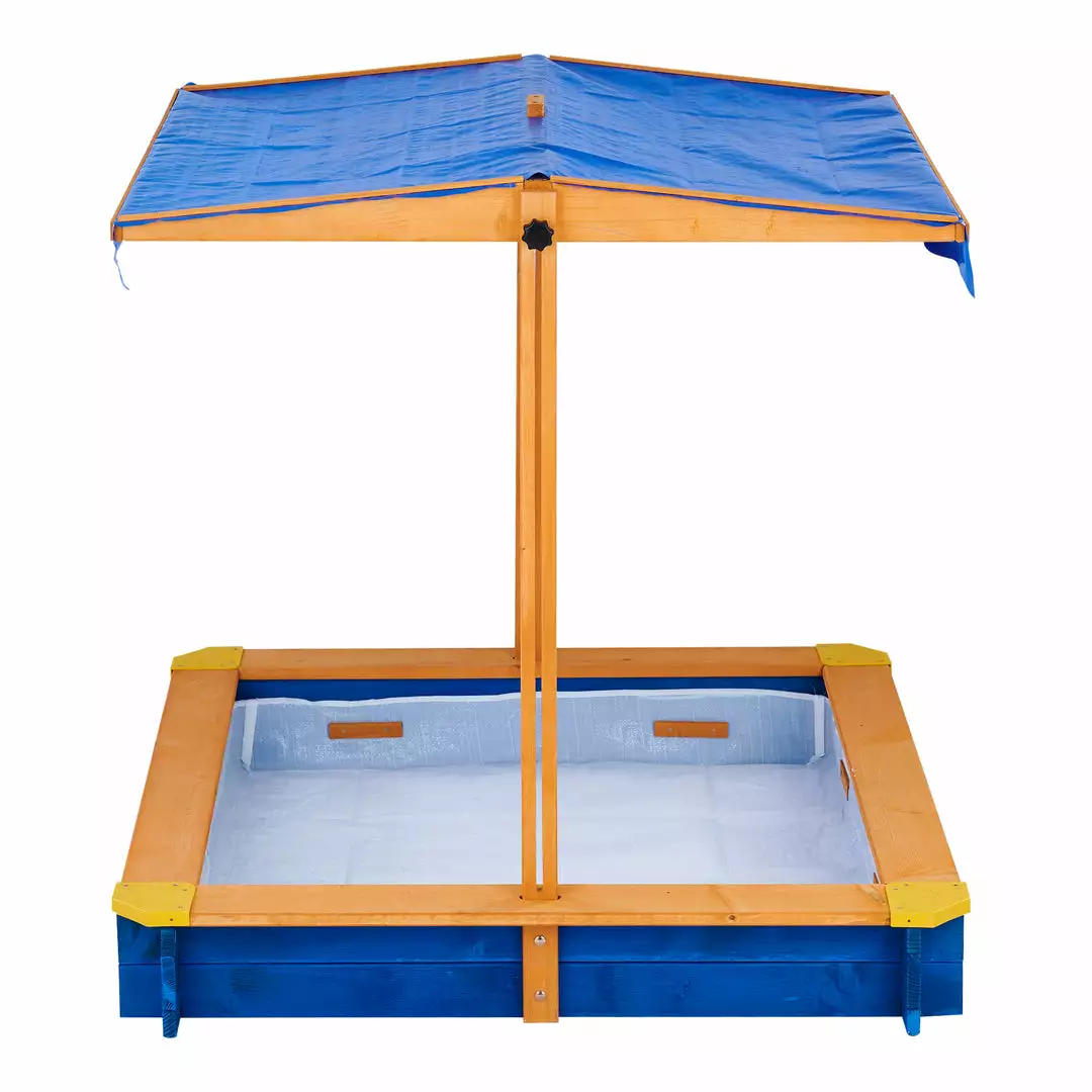 TeamsonUS Teamson Kids 4' Square Solid Wood Sandbox With Rotatable Canopy Cover, Honey/Blue 16 TeamsonUS Teamson Kids 4' Square Solid Wood Sandbox With Rotatable Canopy Cover, Honey/Blue