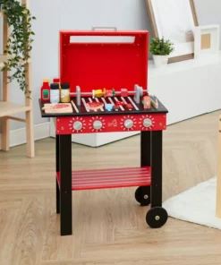 TeamsonUS Teamson Kids Little Helper Wooden Backyard BBQ Grill Playset With 26 Cooking Accessories, Red/Black