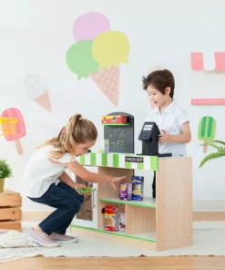 TeamsonUS Teamson Kids Cashier Austin Play Market Checkout Counter With 26 Accessories, Green/Natural