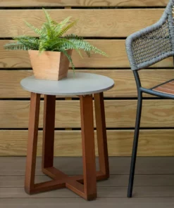 TeamsonUS Teamson Home Outdoor Solid Eucalyptus Wood Patio Side Table With Superstone Cement Top, Gray