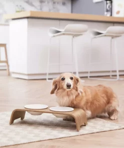 TeamsonUS Teamson Pets Billie Small Elevated Ash Wood Pet Feeder With Ceramic Bowls, Brown