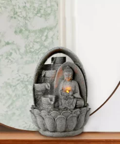 TeamsonUS Teamson Home 4-Tiered Buddha Tabletop Waterfall Fountain With LED Lights, Gray