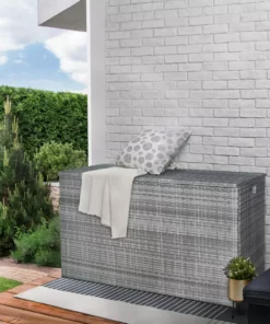 TeamsonUS Teamson Home Wicker 154 Gallon Outdoor Deck Box For Cushions Or Pool Accessory Storage, Gray New
