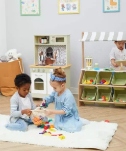 TeamsonUS Teamson Kids Little Helper Wooden Play Farmer's Market Stand With Cash Register And Storage Bins, Natural/Green