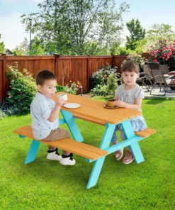 TeamsonUS Teamson Kids Child Sized Wooden Outdoor Picnic Table, Warm Honey/Aqua