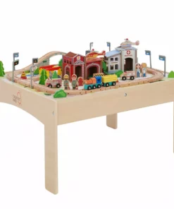 TeamsonUS Teamson Kids Preschool Play Lab Toys Wooden Table With 85-pc Train And Town Set, Natural