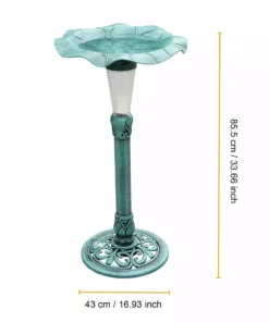 TeamsonUS Teamson Home Decorative Polyresin Lotus Leaf Pedestal Birdbath With LED Light, Green