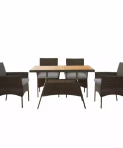 TeamsonUS Teamson Home Outdoor 5 Piece Rattan And Acacia Wood Patio Dining Set With Four Chairs And Table, Brown