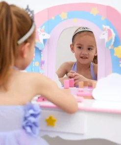 TeamsonUS Fantasy Fields Little Dreamer Rainbow Unicorn Vanity Table Set With Mirror And Stool, White Kids