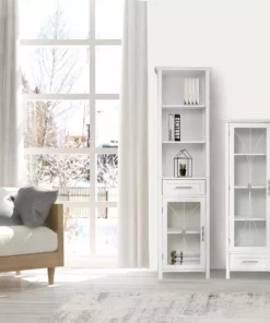 TeamsonUS Teamson Home Delaney Free Standing Tall Slim Linen Storage Cabinet Tower With Glass Panel Door