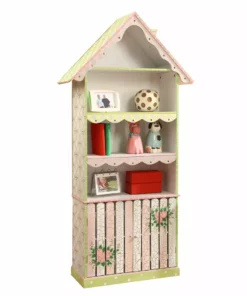 TeamsonUS Fantasy Fields Kids Painted Wooden Crackled Rose Bookshelf House With Cabinet, Pink