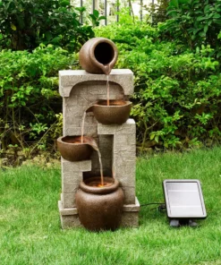 TeamsonUS Teamson Home Solar Powered 4-Tier Cascading Bowls Water Fountain With LED Lights, Brown