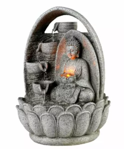 TeamsonUS Teamson Home 4-Tiered Buddha Tabletop Waterfall Fountain With LED Lights, Gray