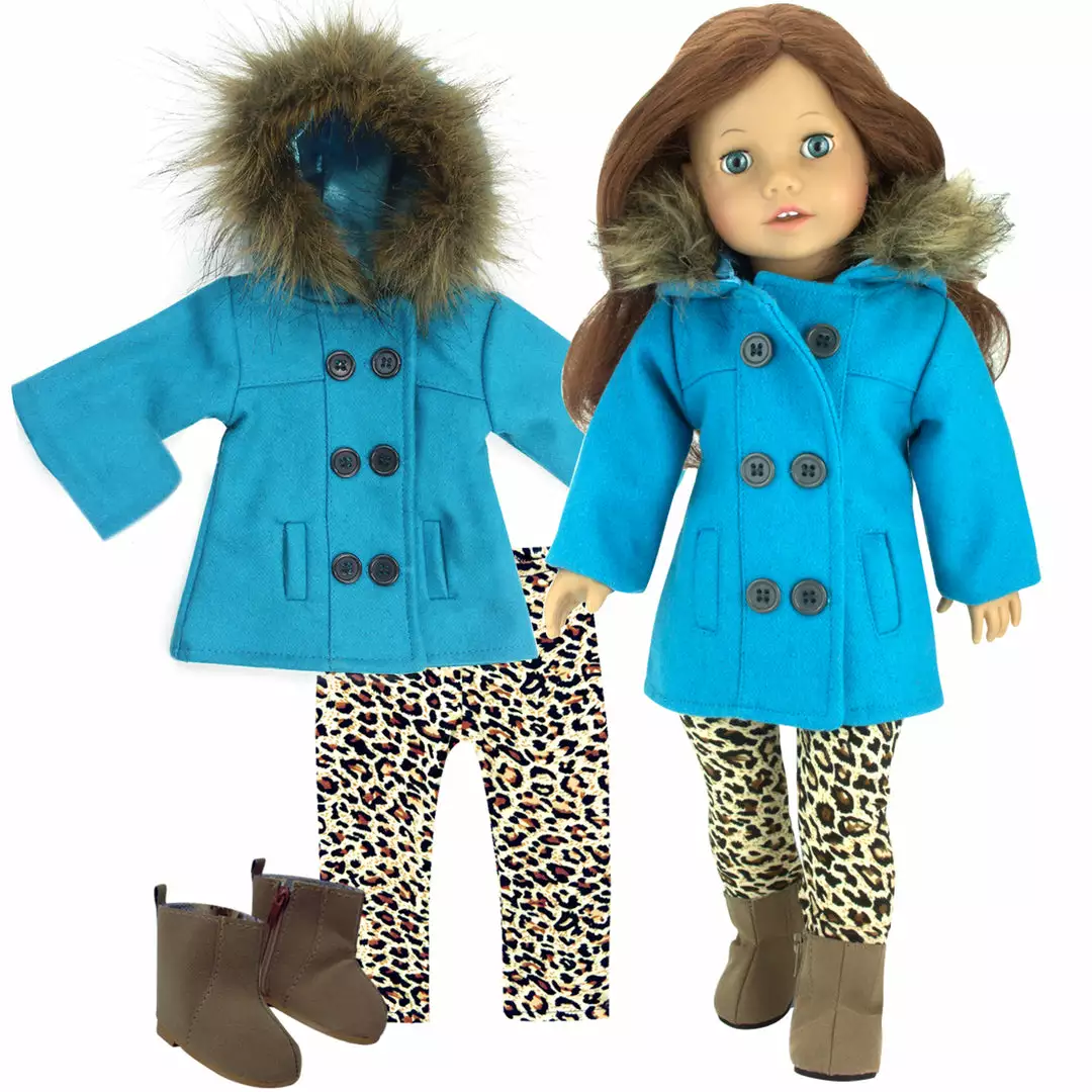 TeamsonUS Sophia's 3 Piece Winter Set Includes Fur Trimmed Pea Coat, Animal Print Leggings And Boots For 18" Dolls, Turquoise/Brown 6 TeamsonUS Sophia's 3 Piece Winter Set Includes Fur Trimmed Pea Coat, Animal Print Leggings And Boots For 18" Dolls, Turquoise/Brown