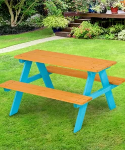 TeamsonUS Teamson Kids Child Sized Wooden Outdoor Picnic Table, Warm Honey/Aqua