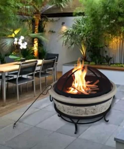 TeamsonUS Teamson Home 27" Outdoor Round Wood Burning Fire Pit With Faux Concrete And Steel Base, Stone/Black